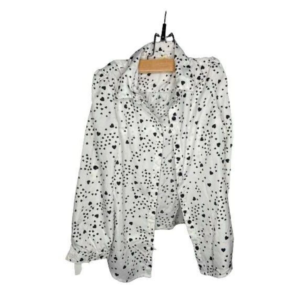 Faded Glory Shirt Girls Medium White Button Up Black Heart Long Sleeve Collared